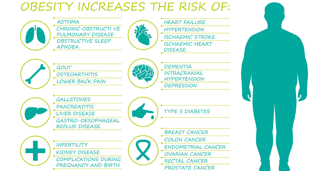A list of the health-related costs of obesity, including diseases like cancer and diabetes.